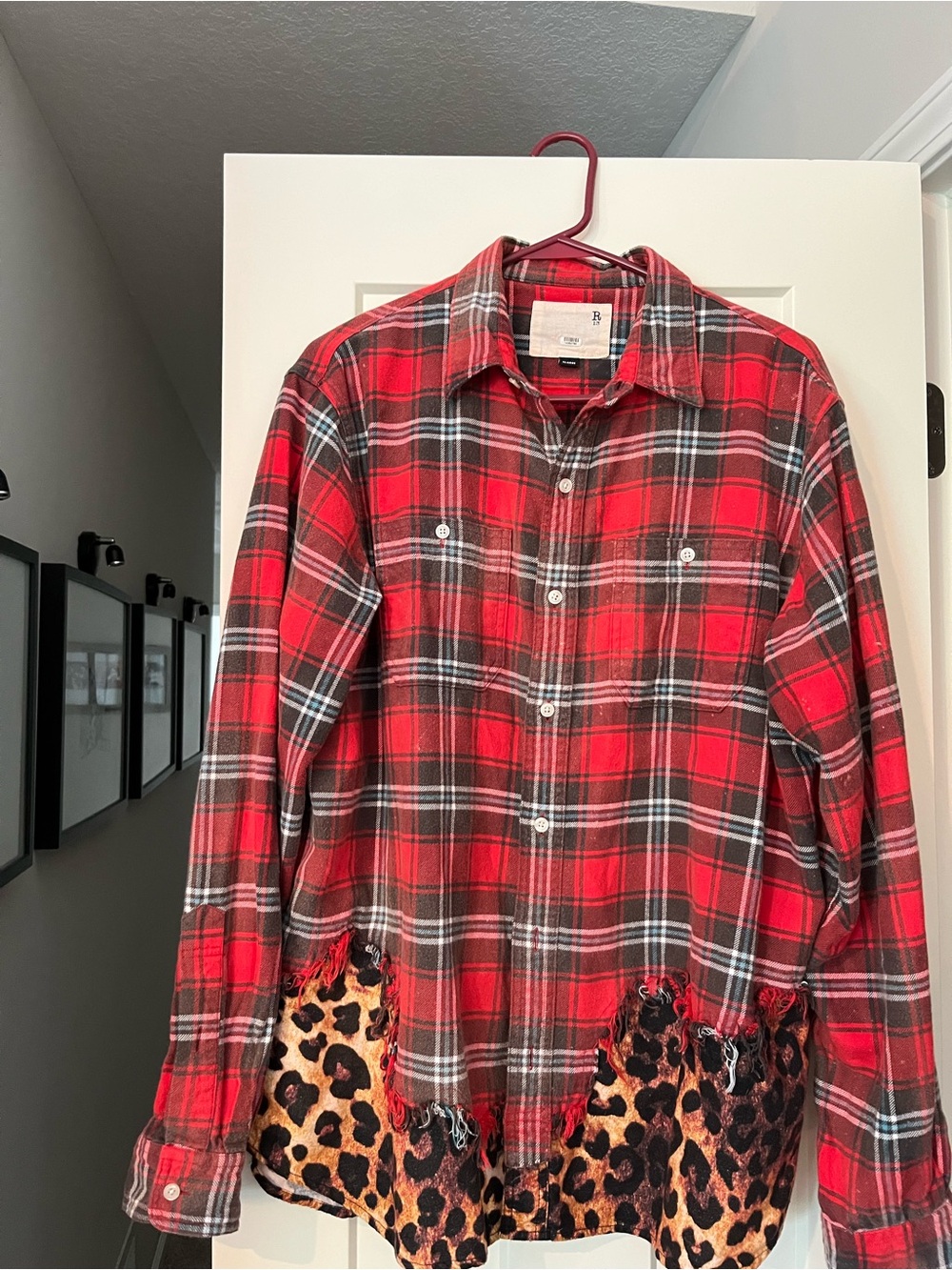 R13 Red Plaid Button-Down with Leopard Hem